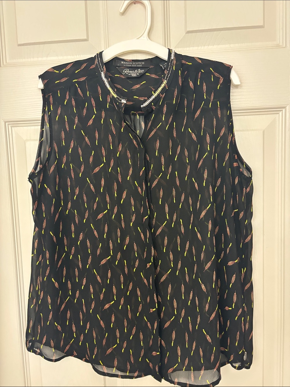 Scotch & Soda Black Sleeveless Camisole with Pink and Lime Feather Motif
